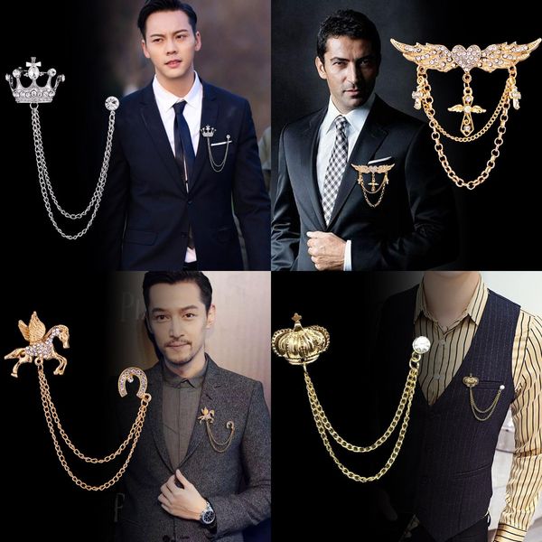 

korean british style crown bird brooch cross suit tassel chain lapel pin angle wings badge retro female corsage men accessories ovnzd, Black;gray