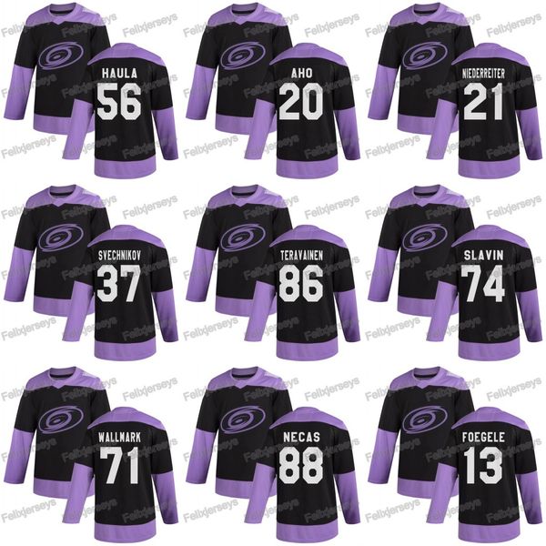 

86 teuvo teravainen 2020 fights cancer carolina hurricanes sebastian aho lucas wallmark jaccob slavin erik haula andrei svechnikov jersey, Black;red