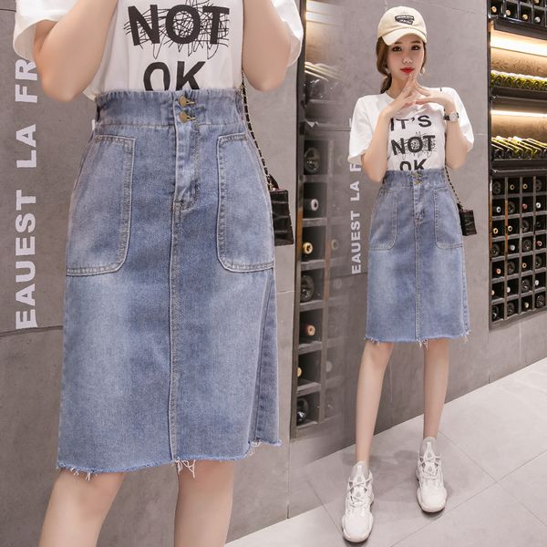 

5xl plus size women's denim skirt 2020 new korean version of the niche lightly cooked split mid-length wild denim skirt, Black