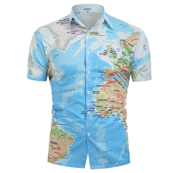 

summer men shirt short sleeve slim fit shirts fashion mens 3d world map print shirt streetwear camisa social drop shipping c, White;black