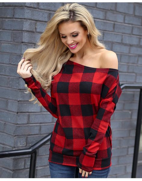 

autumn o-neck flare sleeve red buffalo plaid women t-shirts white with black plaid bell long sleeve raglans shirts