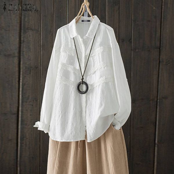 

women's blouses & shirts zanzea elegant women lace patchwork shirt autumn blouse lapel neck long sleeve female solid buttons blusa che, White