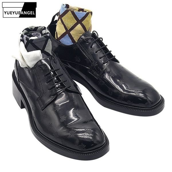 

2019 new mens block med heels square toe genuine leather dress shoes office male groom bees printed wedding formal derby shoes, Black