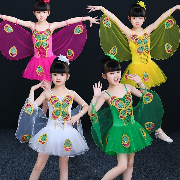 

children's modern dance girls insects flying costumes children's stage performances small butterflies with wings dance costumes, Black;red