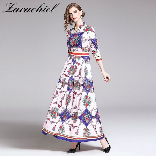 

new fashion 2019 fall designer runway maxi dress women's wrist sleeve flowers retro printed striped elegant long shirt dress, Black;gray