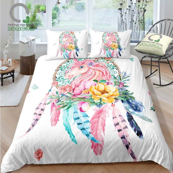

bomcom 3d digital printing watercolor unicorn bedding sets dreamcatcher duvet cover 100% microfiber white background