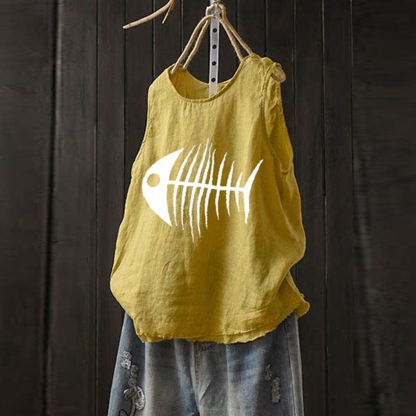 

women's t-shirt summer for women simple fishbone print sleeveless cotton linen t shirt loose fashion lazy, White