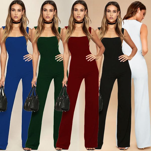 

women's jumpsuits & rompers 2021 fashion long jumpsuit women flared square neck solid color sleeveless back zipper romper female playsu, Black;white