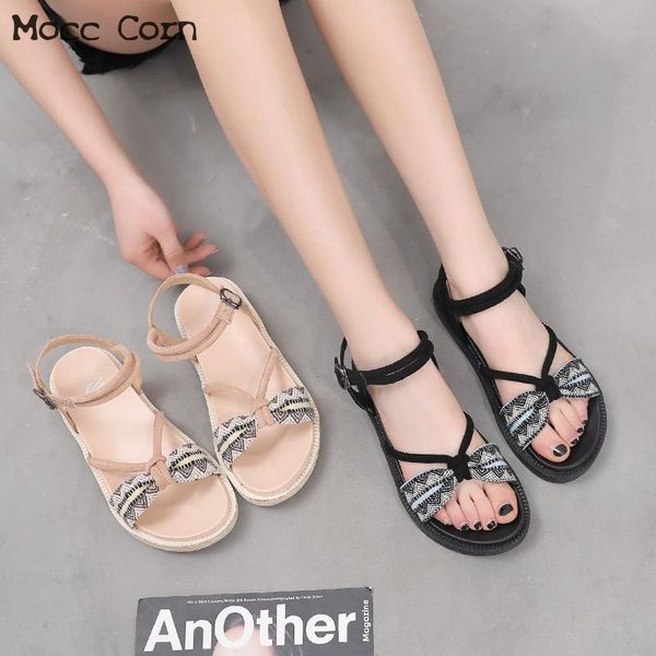 

summer flat beach shoes women platform sandals flip flop casual roman sandals fashion bow linen wedges chaussures female, Black