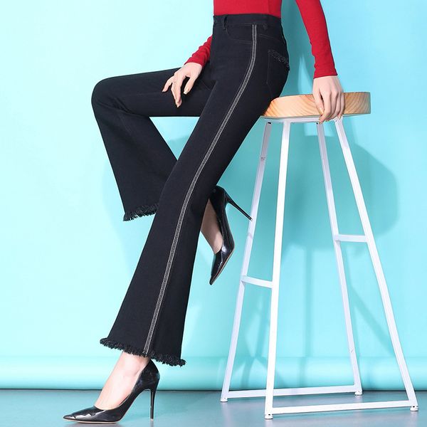 

women clothes new jeans women's trousers fashion slim solid color side strips nine point pants hem flared women pants, Blue