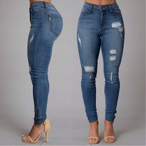 

jean high-waist-pants streetwear large-size denim women skinny for with modis hole dm001, Blue
