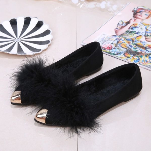 

wild casual pointed toe metal lazy female peas shoes new fashion classic fur flat spring non-slip flat shoes women j14-68, Black