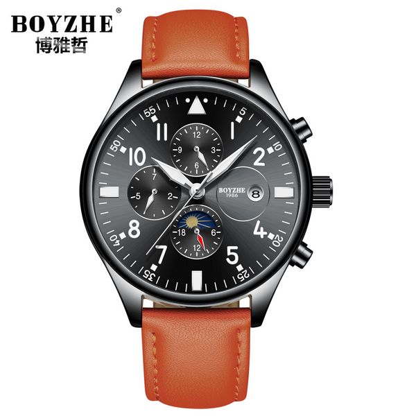 

man watches mechanical automatic men clocks waterproof mens wristwatches black brow genuine leather multifunction brand boyzhe, Slivery;brown
