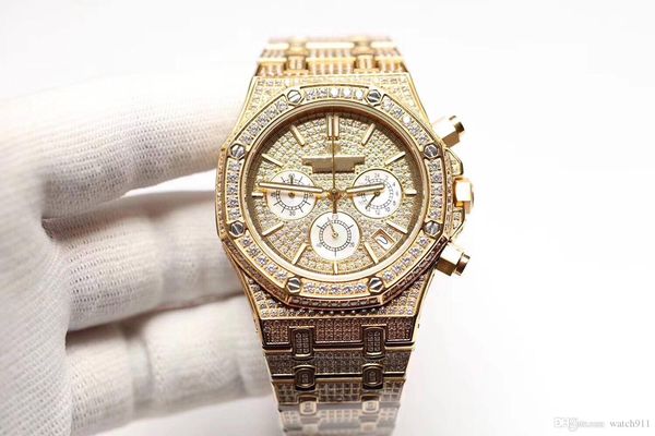 

men's 42mm super luxury quartz electronic watch with diamond multifunction, luminous 18k gold stainless steel quartz electronic watch, Slivery;brown