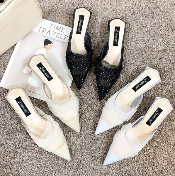 

slippers casual shoes woman 2020 pointed toe thin heels slipers women heeled mules med new high cover slides rome bonded, Black
