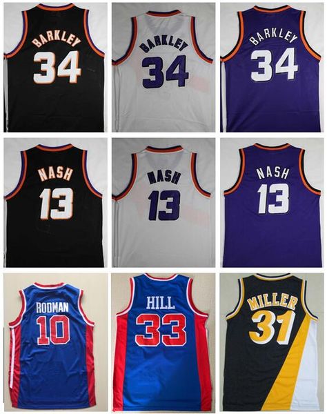 

mens vintage #34 charles barkley jersey #13 steve nash jerseys retro 33# grant hill jersey 10# dennis rodman reggie 31# miller, Black;blue