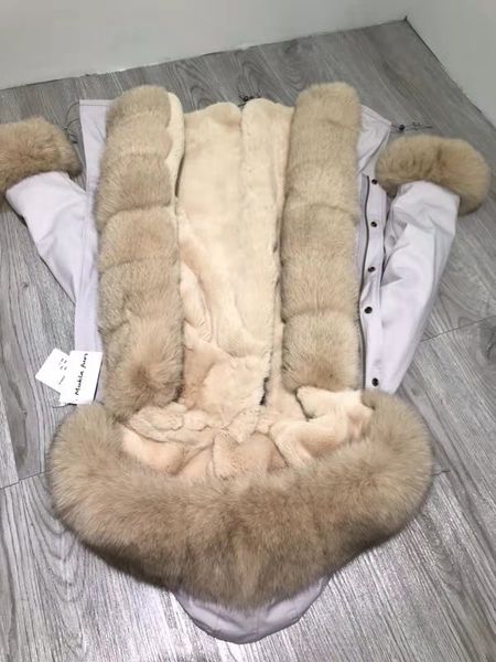

real pictures mukla furs brand beige fox fur threshold collar beige fox and rabbit fur lining grey long parkas women winter coats germany, Black