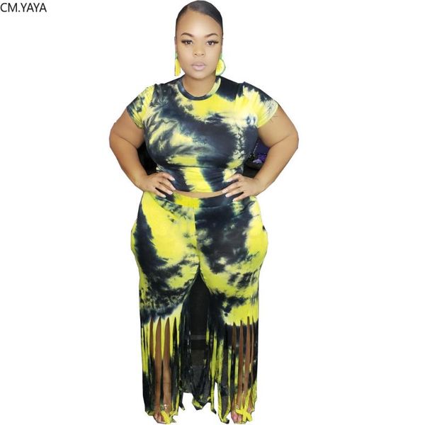 

plus size xl-5xl autumn tie dye print women's set short sleeve o-neck tee tassel pants suit two piece set tracksuit outfits, White