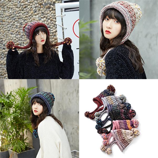 

women pompon knitted hat fashion lady fur ball ear protector beanies hat outdoor winter warm knit croche cap fa3182
