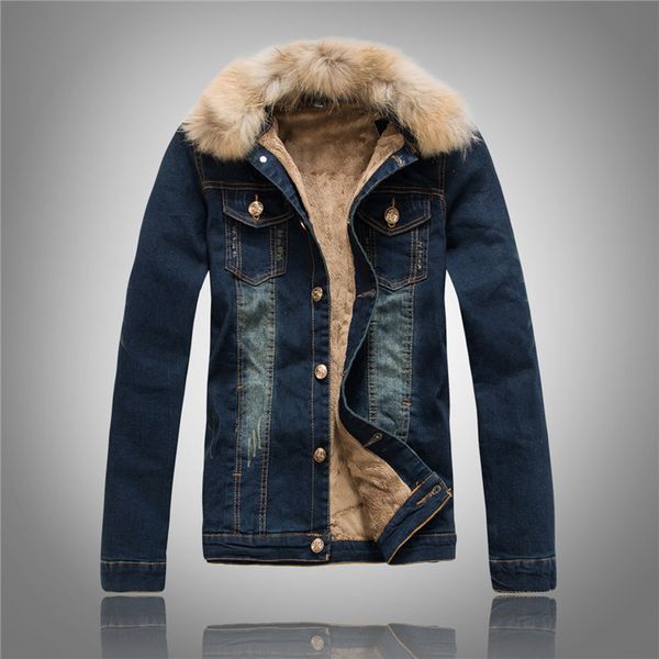 

jackets men thick fleece denim single breasted full sleeve bleached pockets spliced dark blue casual coats male winter tide, Black;brown