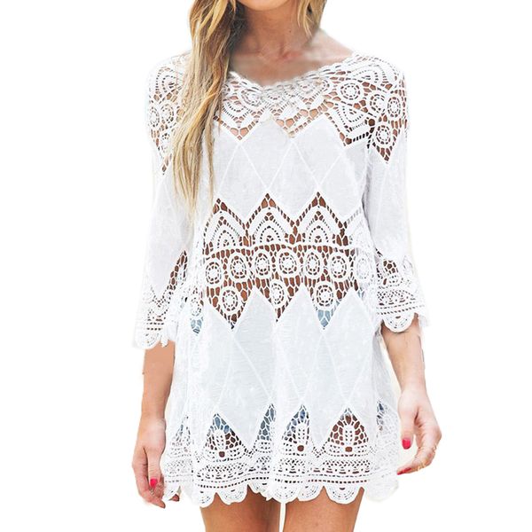 

women' swimsuit lace hollow crochet beach bikini covers 3/4 tall white swimsuit beach gown shirt narzutana square, Blue;gray