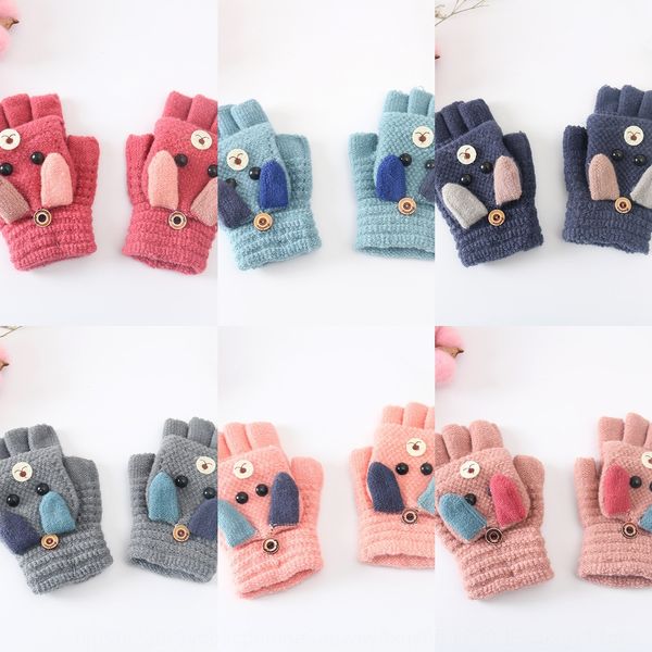 

children's cute warm and half finger flip student gloves warm knitted gloves, White