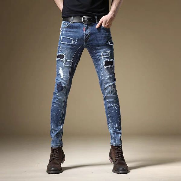 

new fashion male men's jeans slim european american fashion brand holes ink jet splicing beggars' pencil pants, Blue
