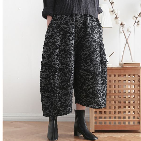 

lanrem cotton linen wide leg pants for women design loose printting texture cross pants casual trouers yj395, Black;white