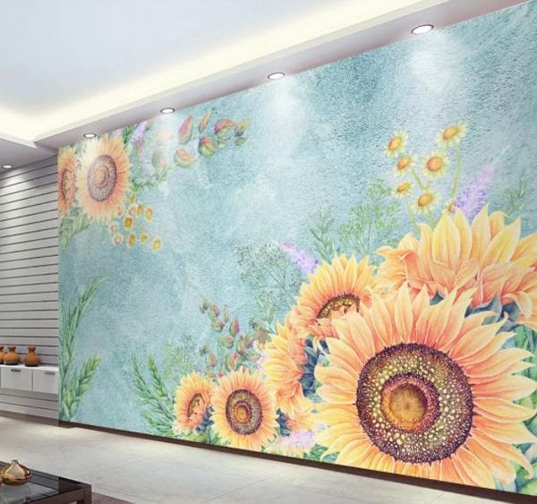 Carta da parati personalizzata 3d murale Fiori di girasole disegnati a mano Divano TV Soggiorno Carta da parati per camera da letto Decorazioni per la casa