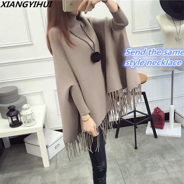 

2017 winter women turtleneck pullover korean fashion plus size loose wool batwing sweater ladies knitted ponchos and capes coat, White;black