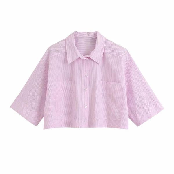

2020 new summer women shirt pink striped poplin short sleeves crop casual ladies female shirts femme mujer blouse, White