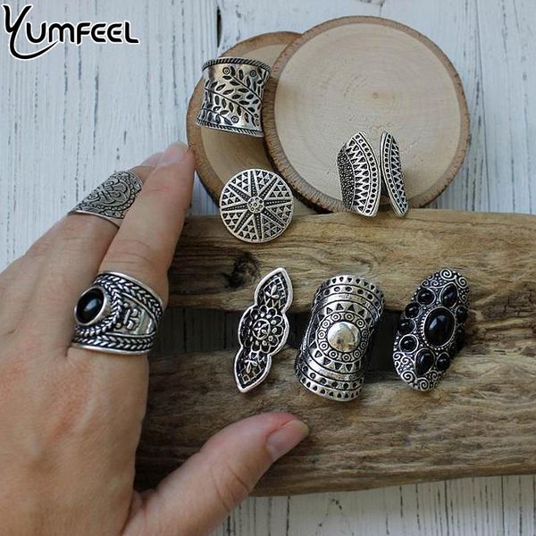

yumfeel new bohemia vintage boho jewelry rings mixed lot tibetan silver plated ring 8pcs/lot bohemian ring women vintage jewelry, Golden;silver