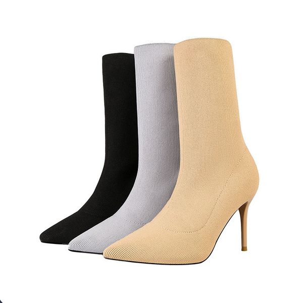 

cowcom winter high-heeled pointed female bare boots solid color socks boots knit socks warm short elastic zwm, Black