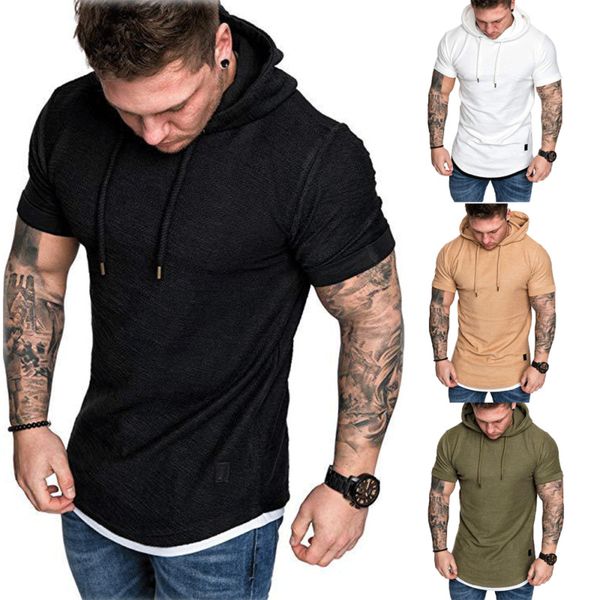 

men muscle hooded solid style t-shirt breathable flexible short sleeve hoodie gym slim fit casual tee shirt black red gary, White;black