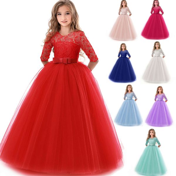 

girls lace half sleeve dress kid girls first communion dresses tulle lace wedding princess costume for junior children clothes, Red;yellow