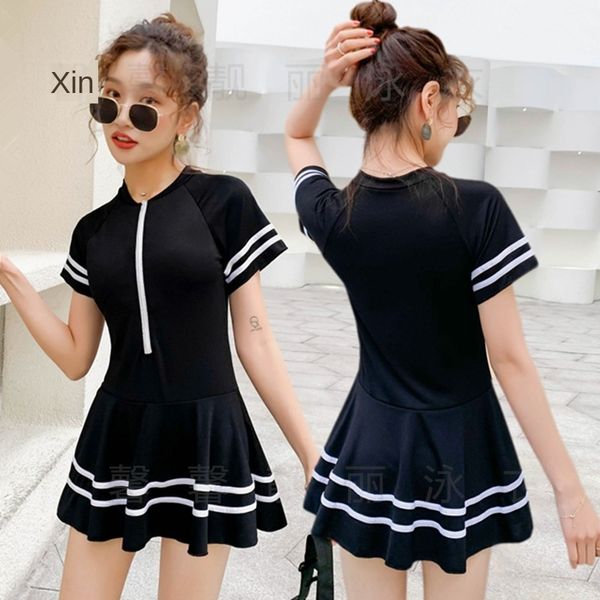 

2020 women's sports dress style one-piece flat swimsuit angle conservative student girl's belly-covering slim swimsuit, White;black
