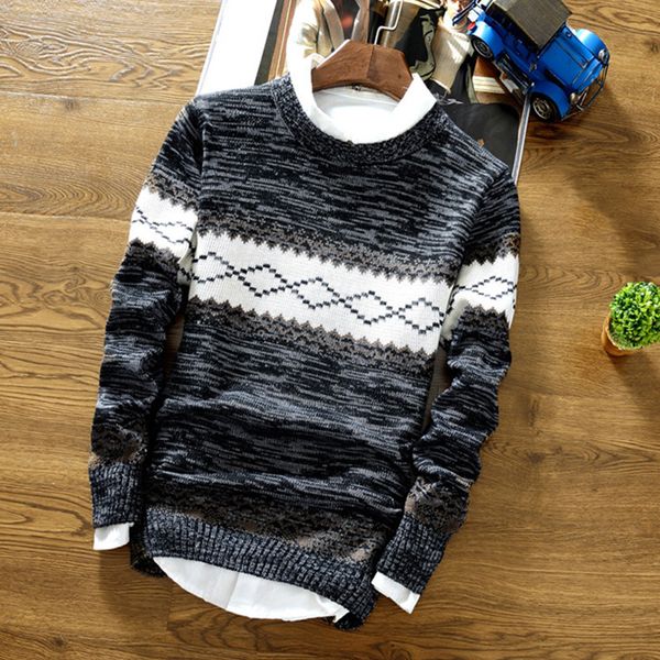

men's casual autumn winter warmÂ slimÂ round neckÂ sweaterÂ print Â knitwear jumper pulloverÂ, White;black