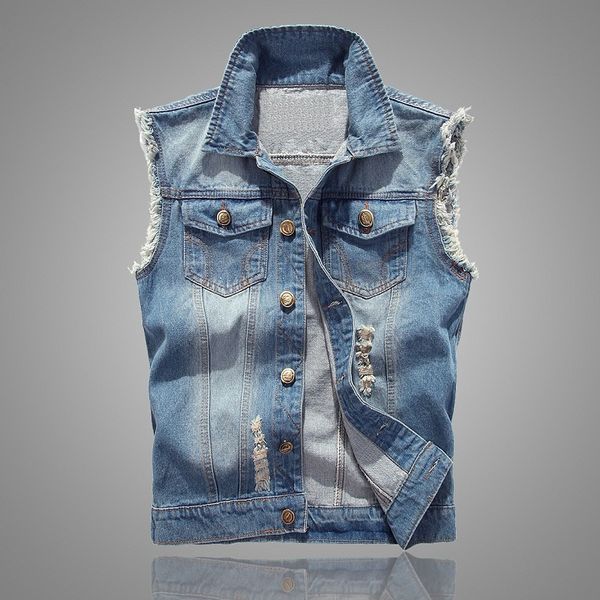 

2019 slim fit cowboy male jacket vest ripped denim vest men's jacket sleeveless casual waistcoat men's jean coat 5xl, Black;white
