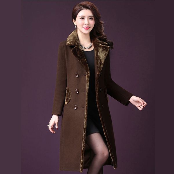 

plus 4xl autumn winter women long paragraph cashmere coat jacket female slim turn-down collar thick wool blends overcoat female, Black