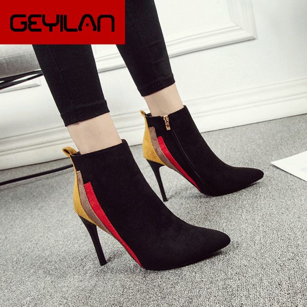 

mixed color ankle boots women thick high heels boots ladies patchwork winter shoes drop shipping, Black