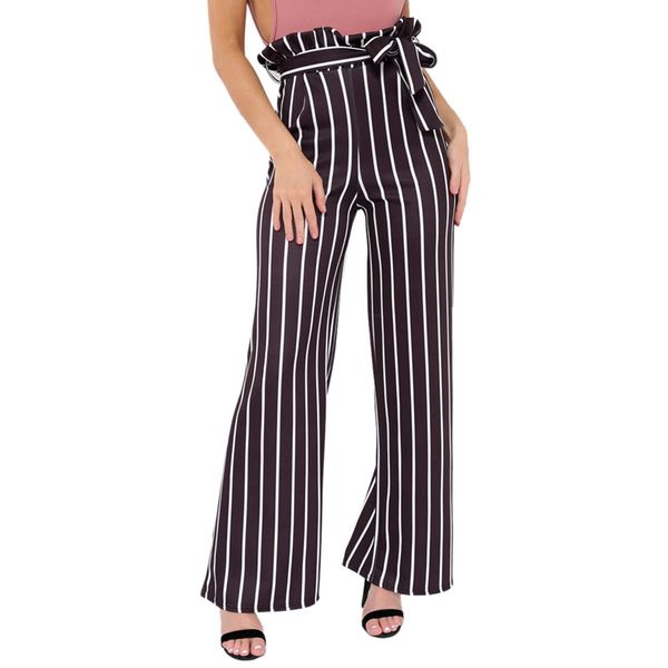 

женщины высокая талия свободные широкие полосатые длинные брюки с поясом женские повседневные брюки черный s, Black;white
