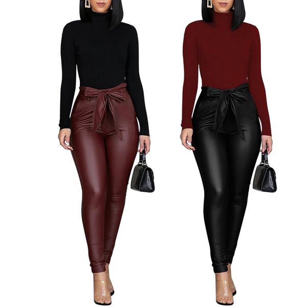 

fashion spring women pu faux leather pants female high waist elastic pu leather stretch slim fit bodycon pencil trousers, Black;white