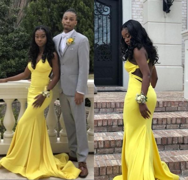 

yellow mermaid prom dresses deep v neck spaghetti straps floor length formal evening dresses black girls backless party gowns