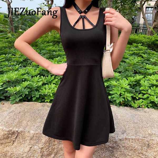 

casual dresses jiezuofang gothic punk sleeveless dress vestidos party additional leather neck collar summer female, Black;gray
