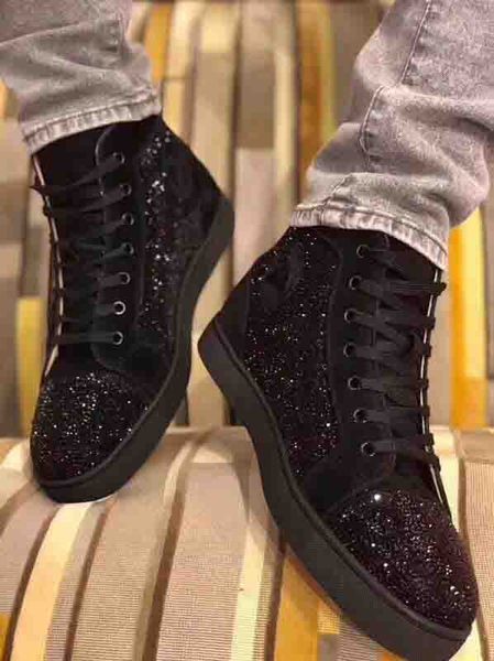 

party день подарки luxury red bottom тапки veau велюр louflat женщины страз мужские плоские сцинтиллирующего кристаллов winter hightop матов, Black