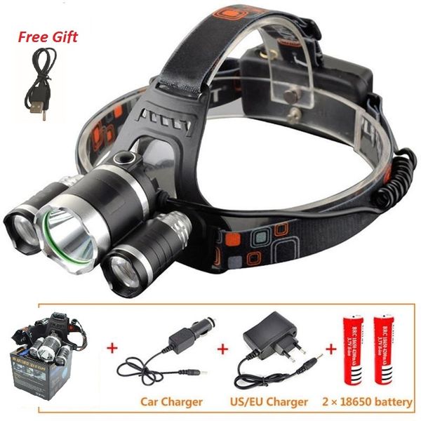 

2019 cree xml t6+2r5 led headlight headlamp head lamp light 4mode torch +2x18650 battery+eu/us car charger for fishing lights