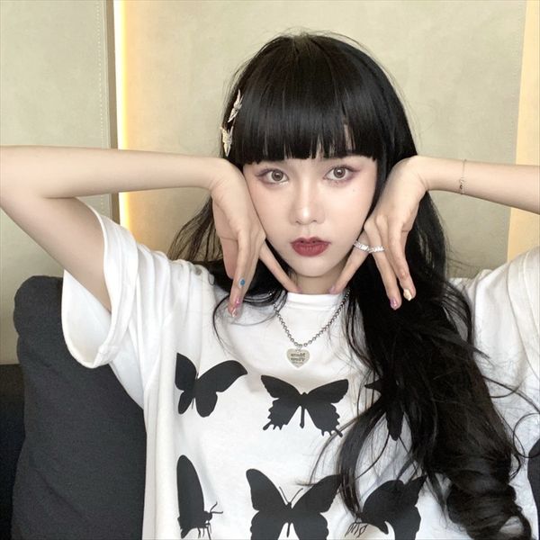 

butterfly printed t-shirt short-sleeved women's ins super fire 2020 all-match loose t-shirt butterfly mid-length summer, White