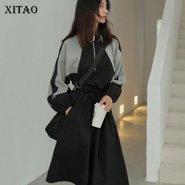 

xitao autumn black splice midi dress plus size women hit color vintage drawstring long sleeve stand collar 2019 new zll1946, Black;gray