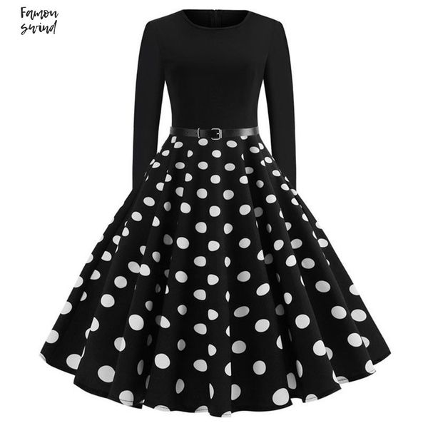 

полька белое платье с длинным рукавом robe рокабильная 50s vintage gothic a приколите line up весна лето платья пояс дизайнер одежды, Black;gray