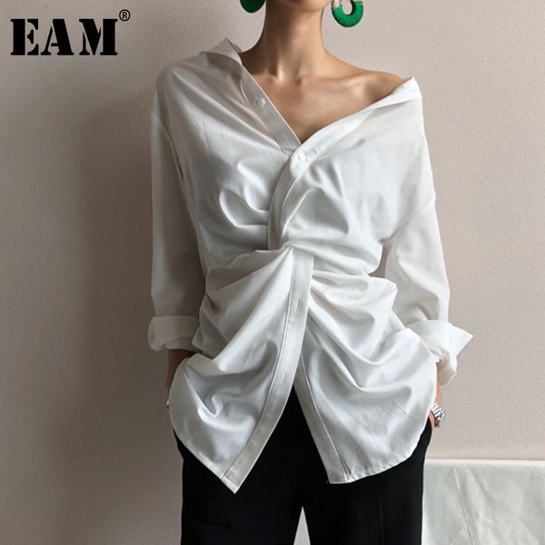 

eam] 2019 new spring summer white v-neck long sleeve irregular cross loose personality shirt women blouse fashion tide 1c069
